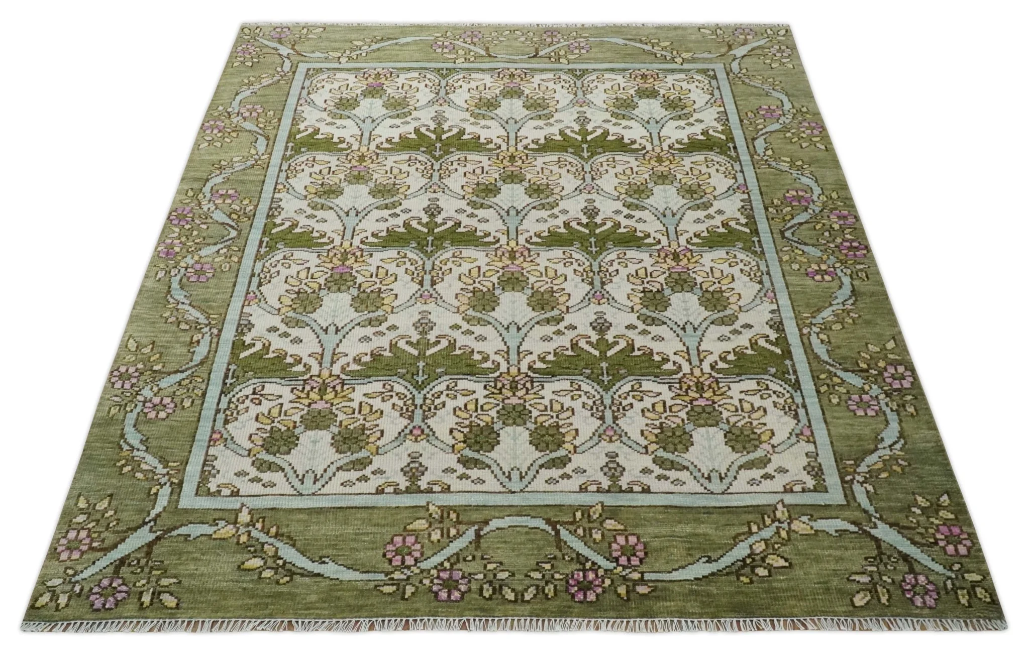 8.6x10 Hand Knotted Ivory and Green Floral Traditional Antique Style Wool Area Rug - Image 10