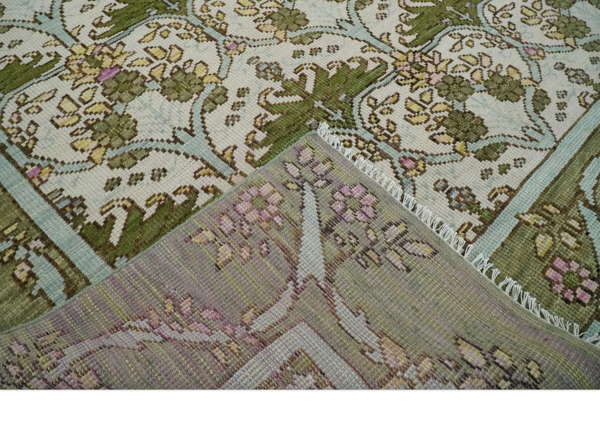 8.6x10 Hand Knotted Ivory and Green Floral Traditional Antique Style Wool Area Rug - Image 6