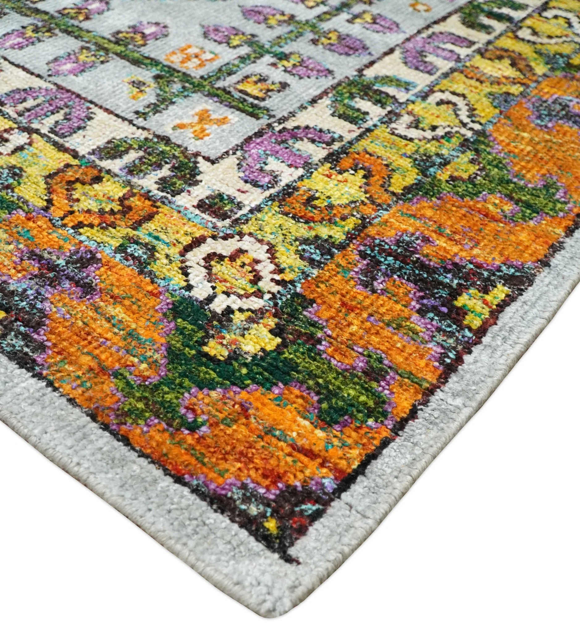 8x10 and 9x12 Hand Knotted Silver, Rust and Gold Persian Oushak made of Recycled Silk Area Rug | OP8 - Image 10