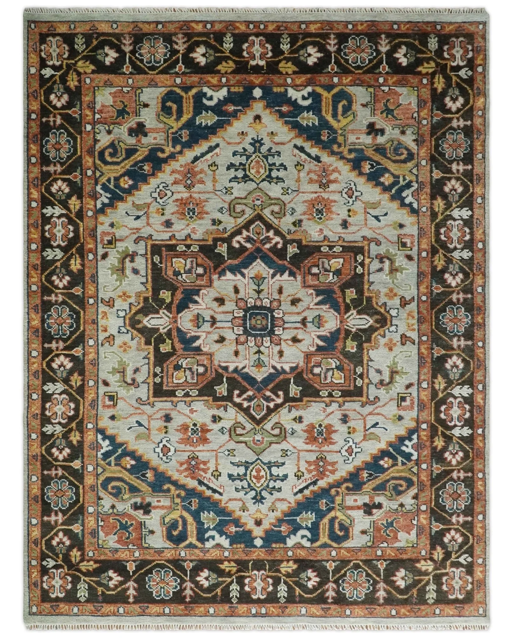 Blue and Brown Traditional Antique look Heriz Serapi Hand Knotted Custom Made wool Area Rug - Image 12