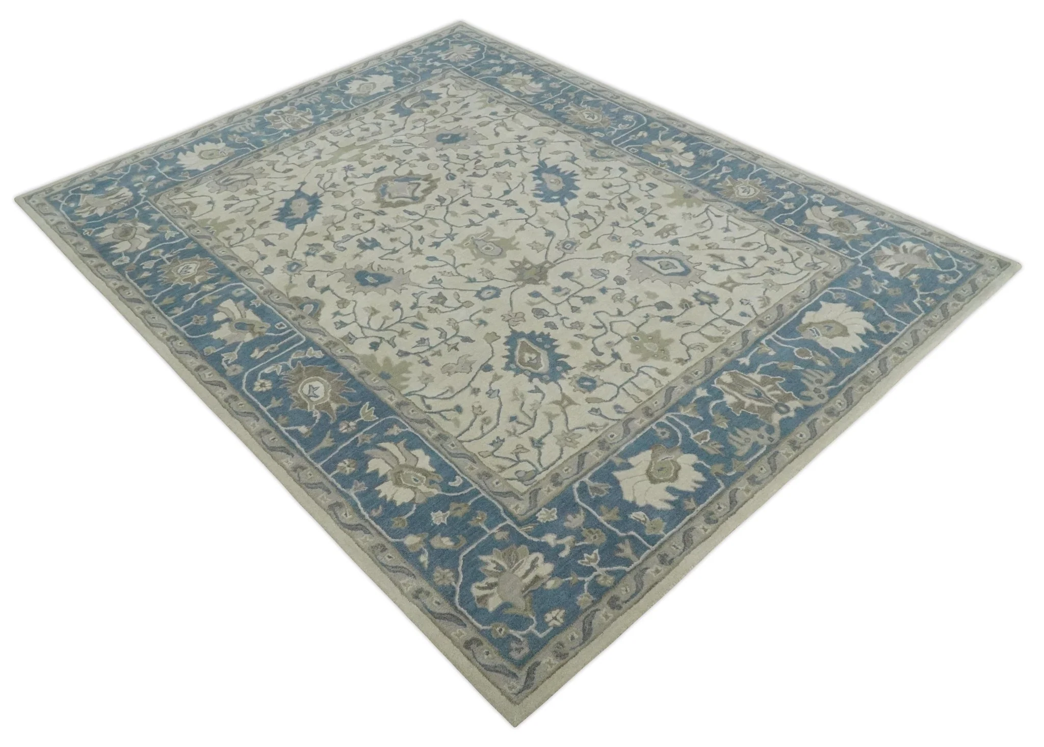 Custom Made Tufted Beige and Blue Traditional Wool Oushak Rug - Image 9