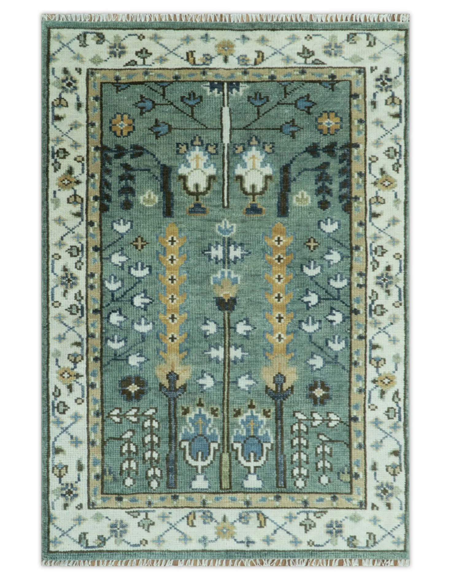 Hand Knotted Aqua Green and Ivory Traditional Turkish Vintage Style Multi Size Wool Area Rug - Image 21