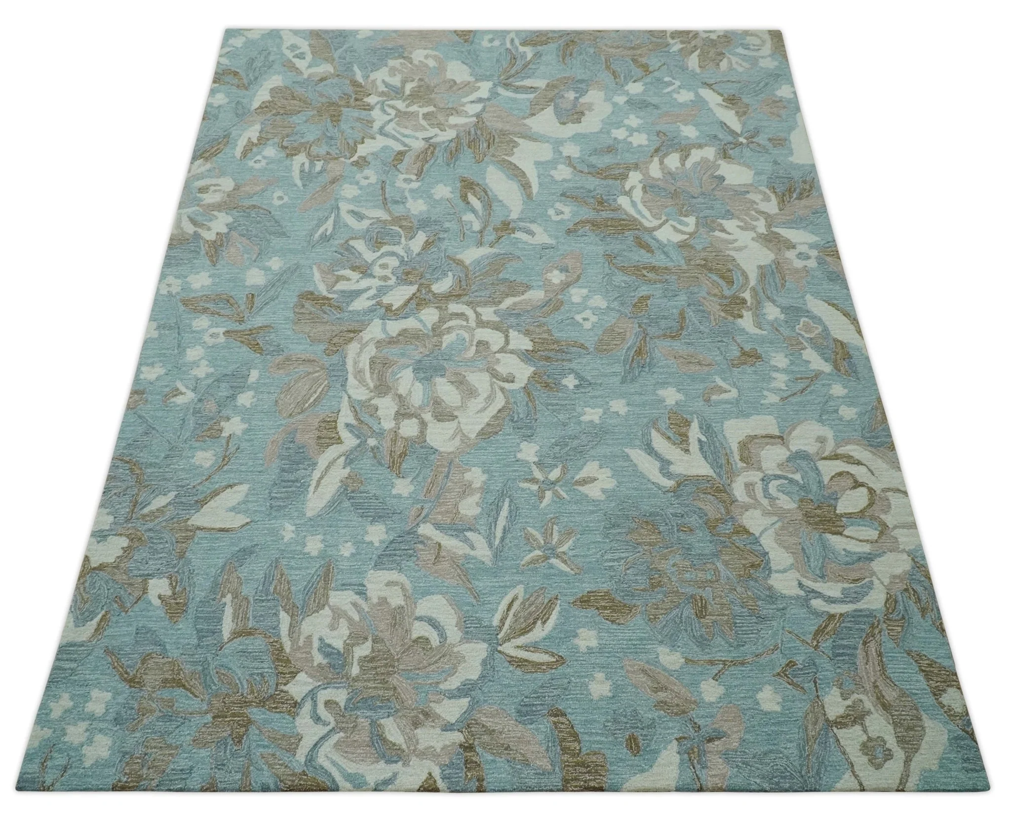 Beautiful Blue, Ivory and Olive Floral Design 8x10 Hand Tufted wool Rug - Image 10