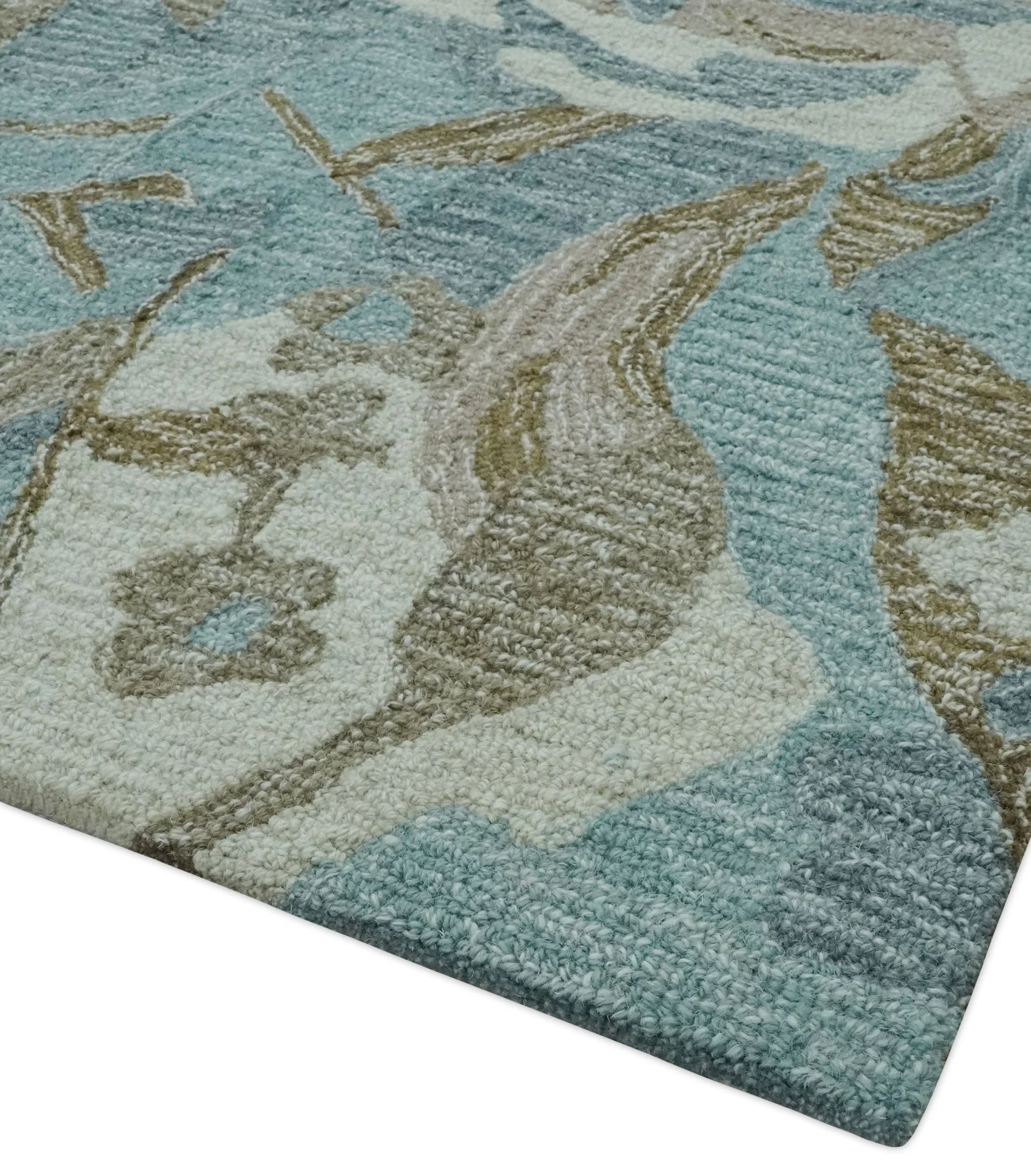Beautiful Blue, Ivory and Olive Floral Design 8x10 Hand Tufted wool Rug - Image 5