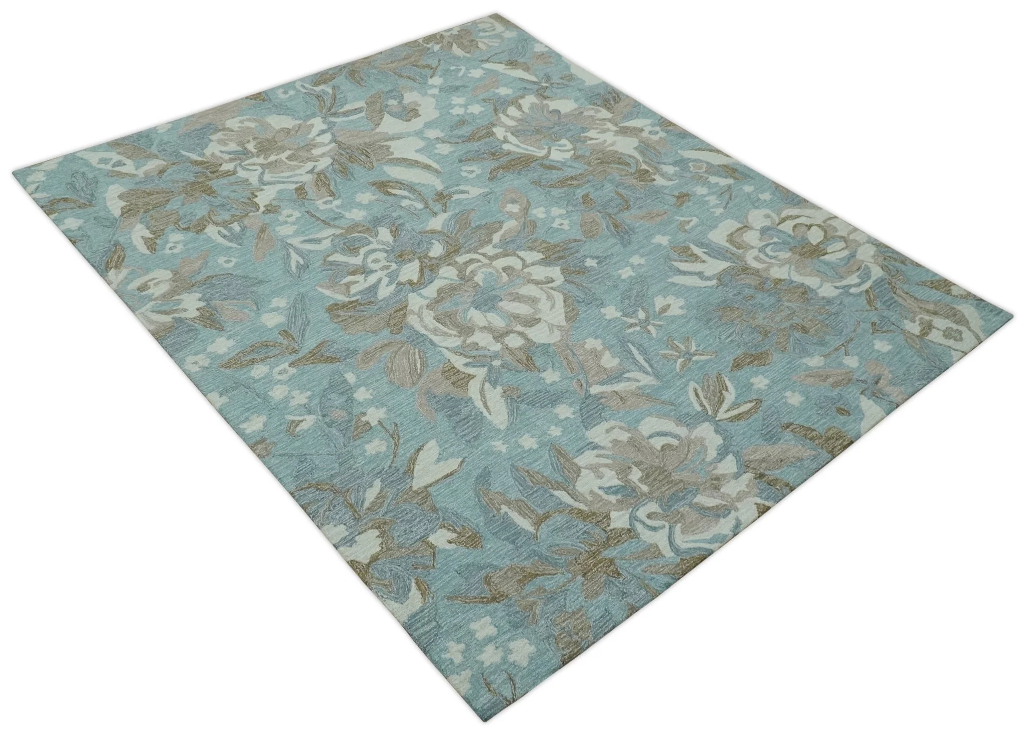 Beautiful Blue, Ivory and Olive Floral Design 8x10 Hand Tufted wool Rug - Image 9