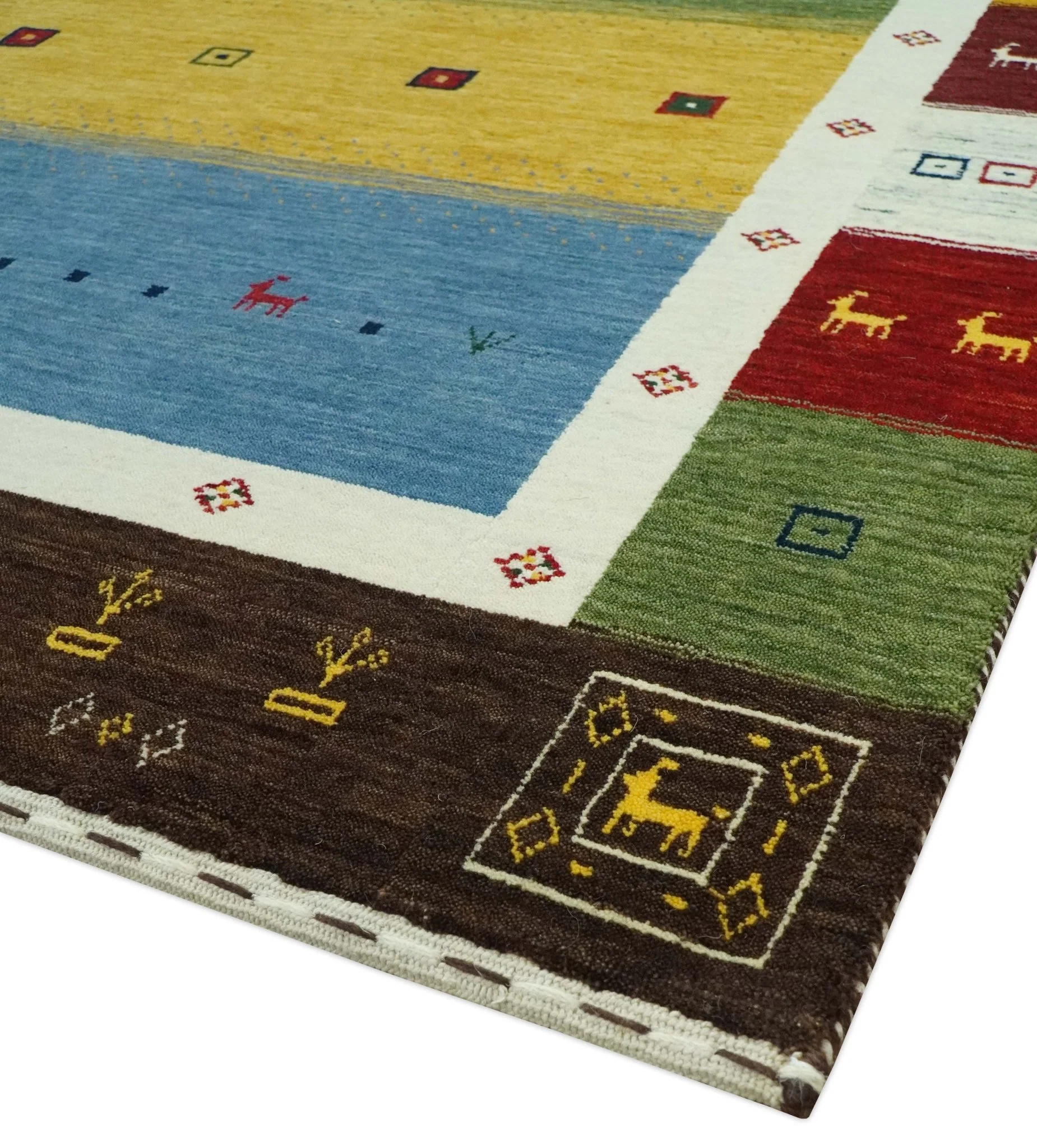 Tribal Gabbeh Green, Gold, Blue, Maroon and Ivory Stripes Design Traditional Hand loom 4.6x6.6 Wool Area Rug - Image 5