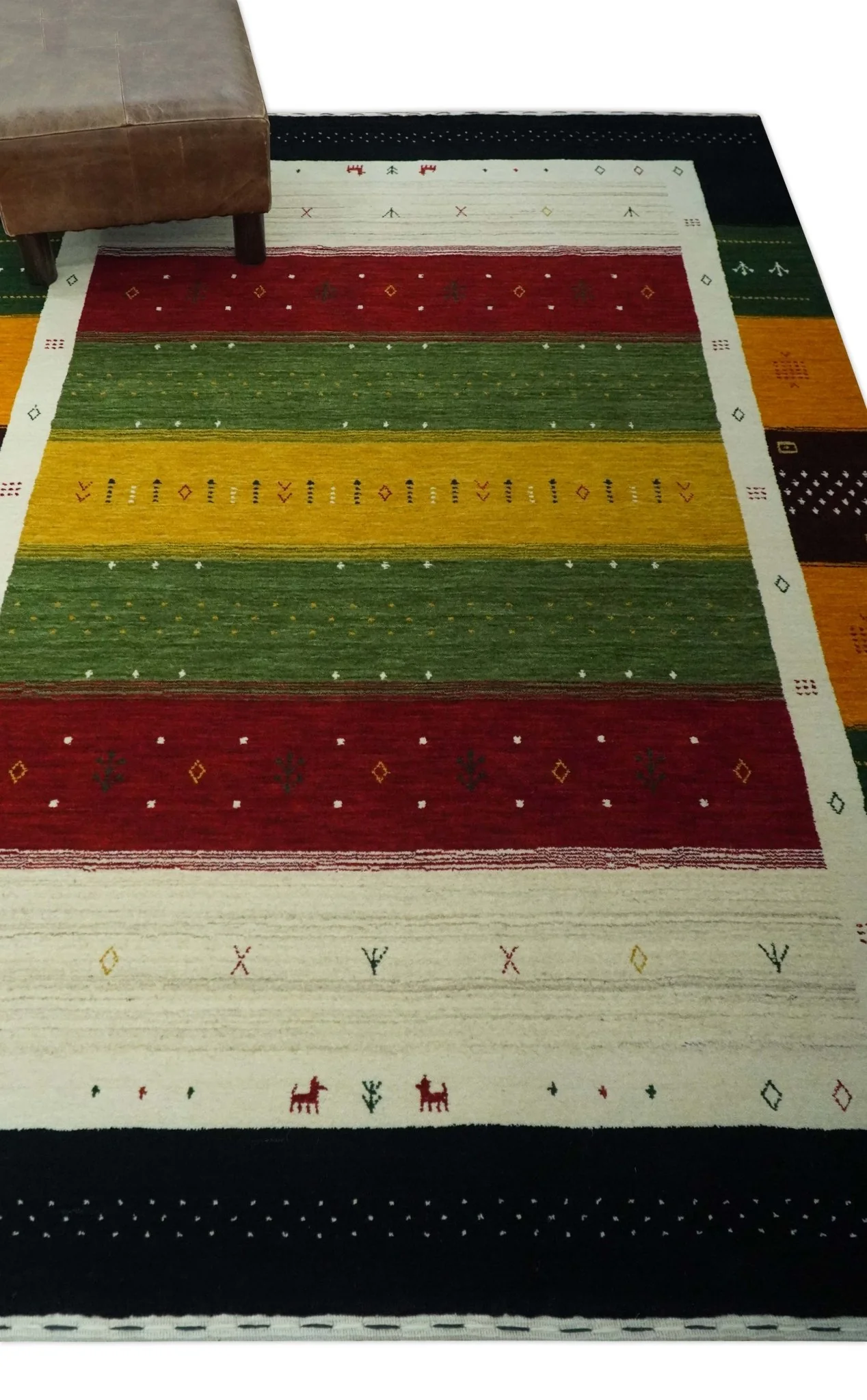Tribal Gabbeh Green, Gold, Ivory, Maroon and Black Stripes design Traditional Hand loom 4.6x7 Wool Area Rug - Image 3
