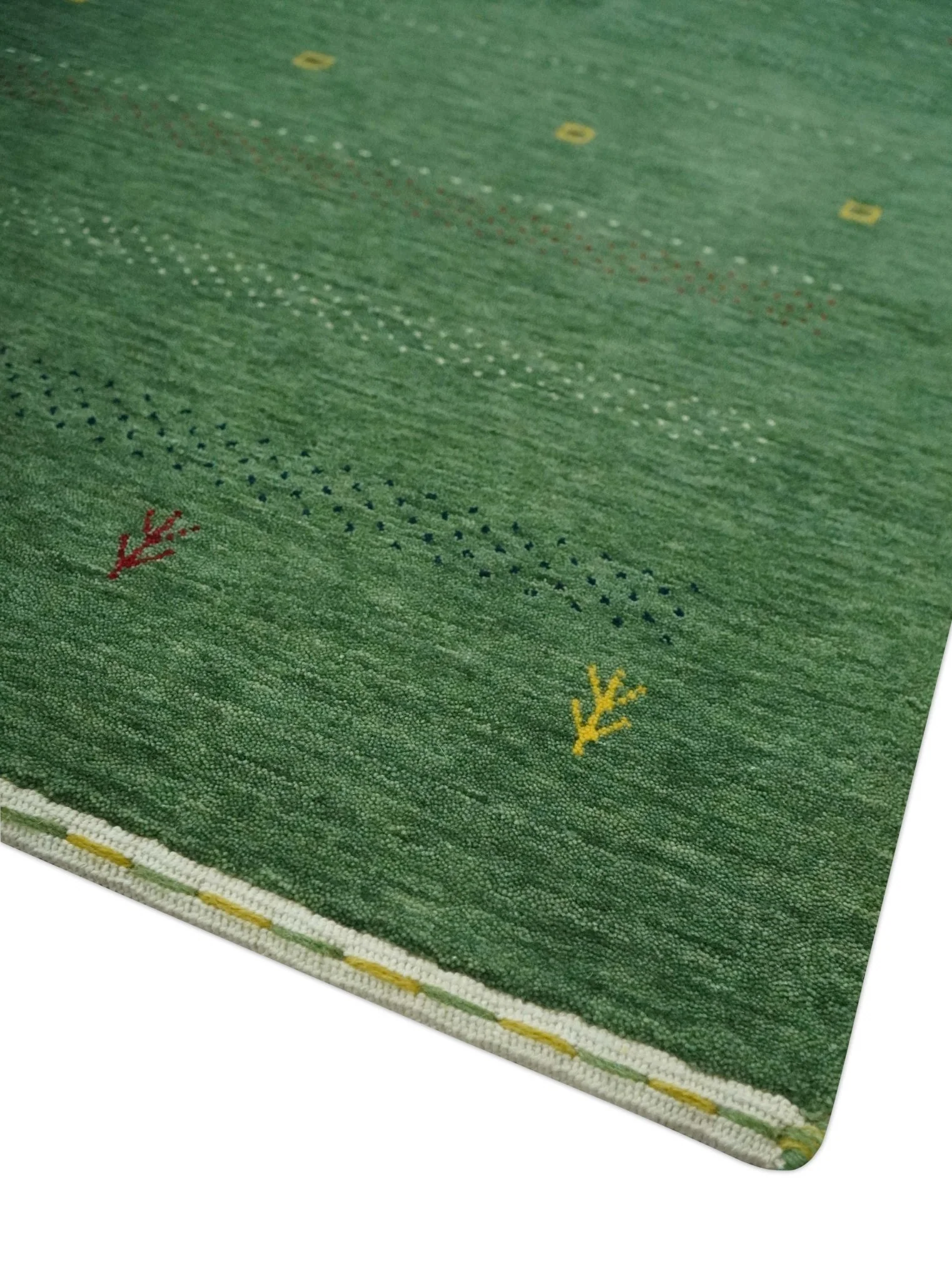 Geometrical Stripes Design Green, Ivory and Charcoal Hand loom 4.6x6.6 wool Area Rug - Image 5