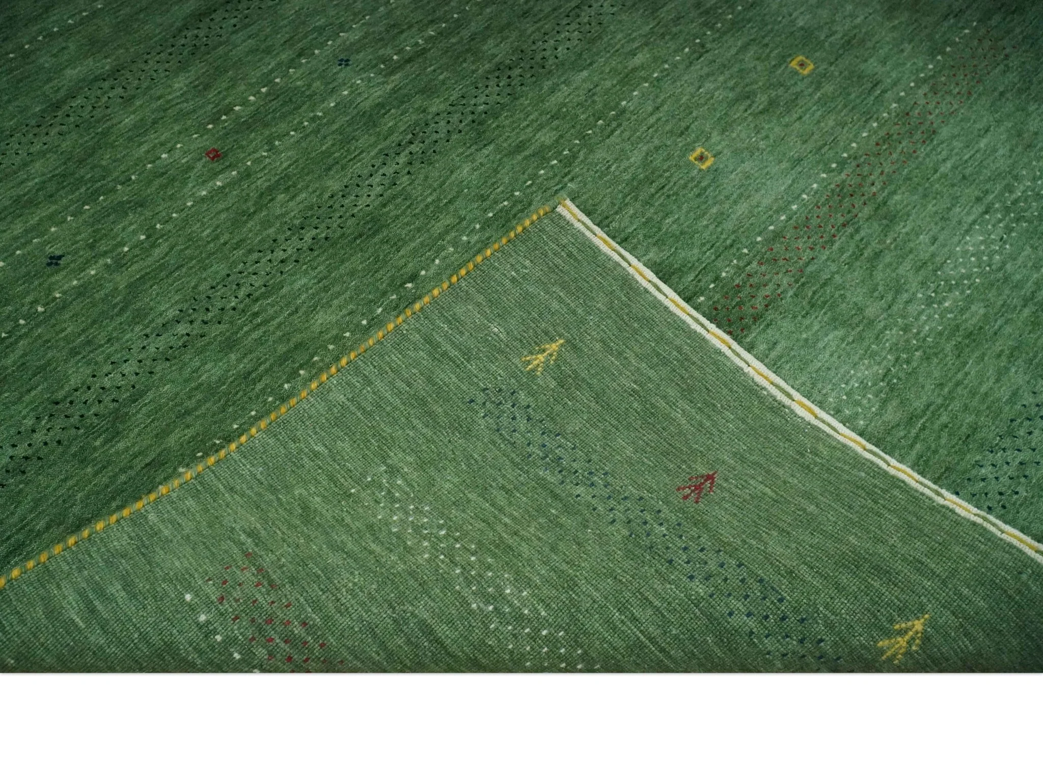 Geometrical Stripes Design Green, Ivory and Charcoal Hand loom 4.6x6.6 wool Area Rug - Image 7