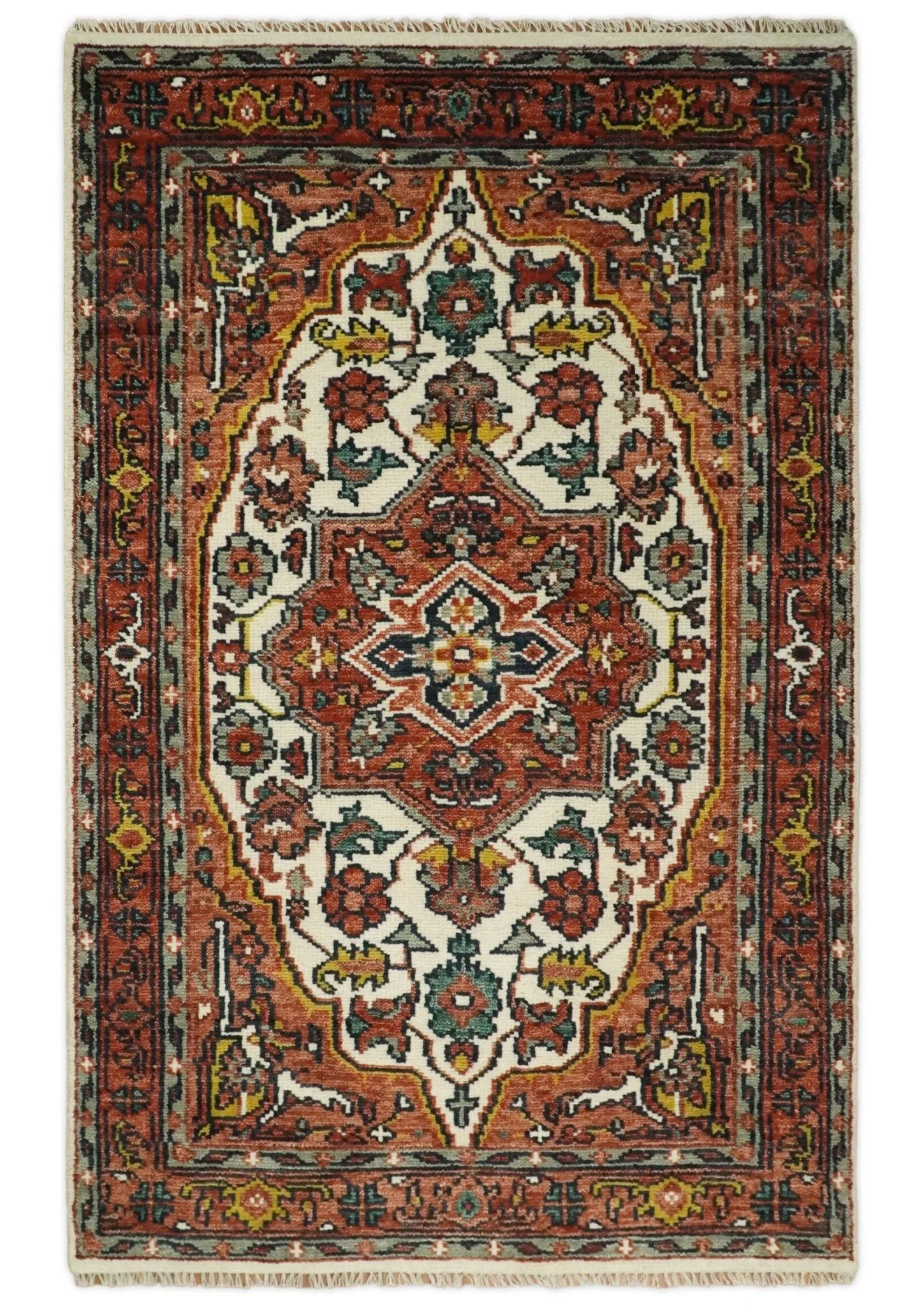 Ivory and Rust Traditional Heriz Medallion Hand Knotted Multi Size wool Area Rug - Image 15