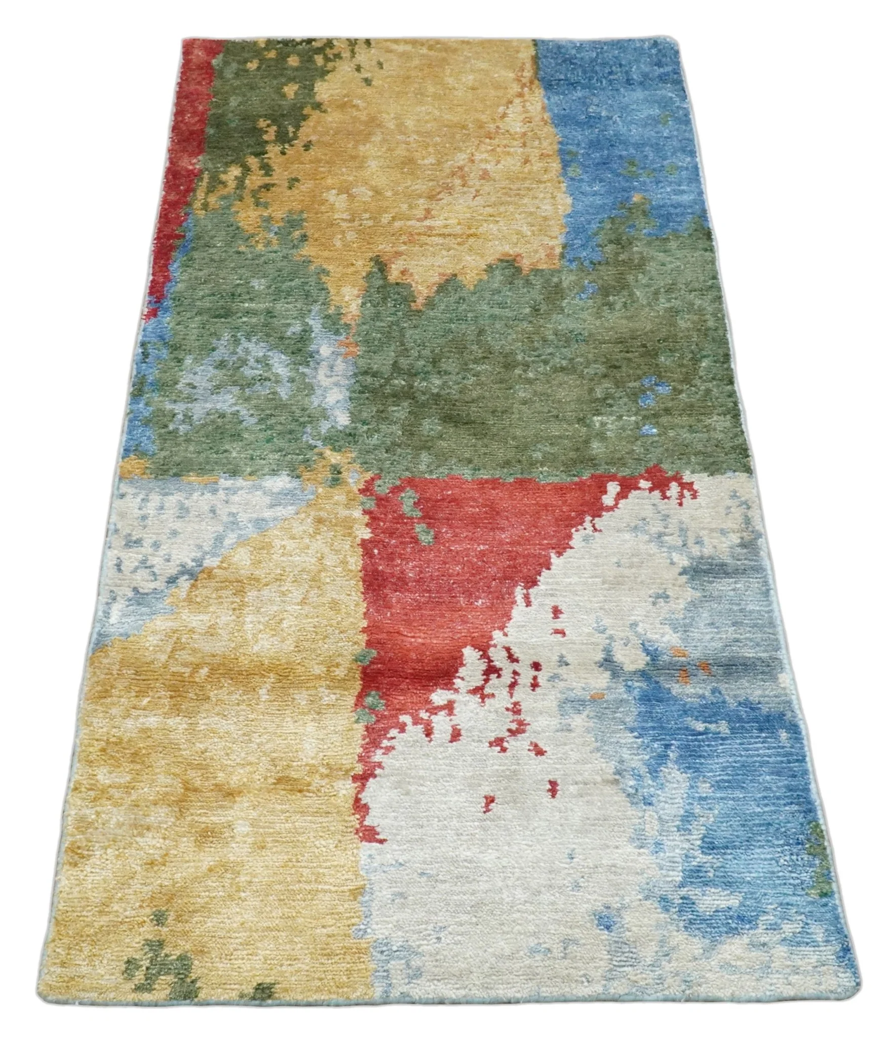 Modern Abstract 2x4 Blue, Red and Gold Hand Knotted Entryway bamboo silk Area Rug | TRD3152224 - Image 5