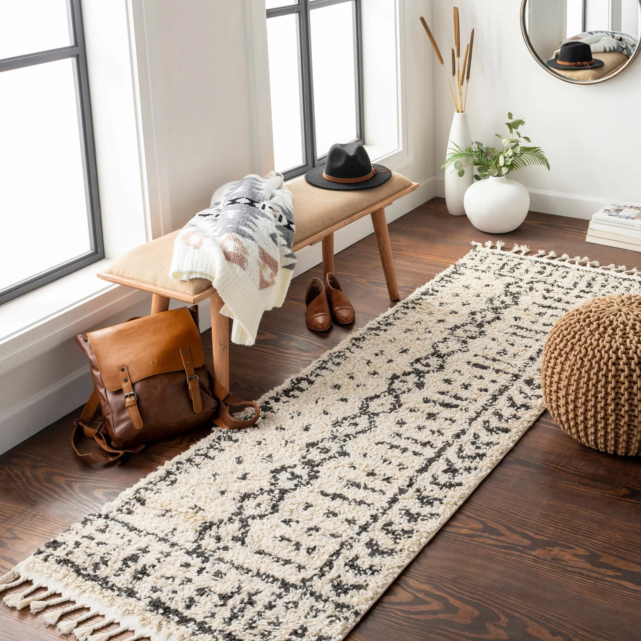 Traditional Beige and Charcoal Machine Woven Moroccan Multi size Tribal Trellis Plush Pile Turkish Rug - Image 5