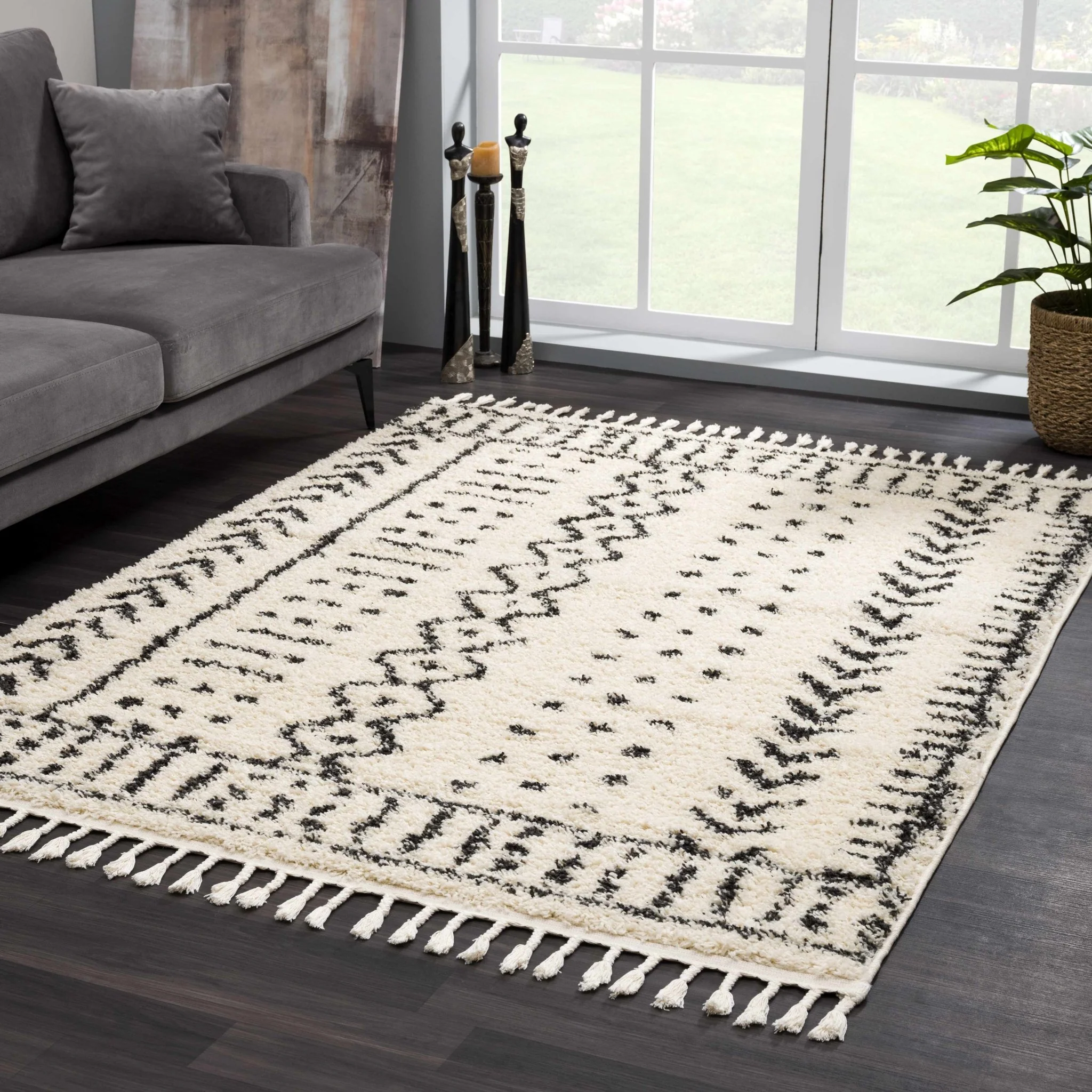 Traditional Beige and Charcoal Machine Woven Moroccan Multi size Tribal Trellis Plush Pile Turkish Rug - Image 9