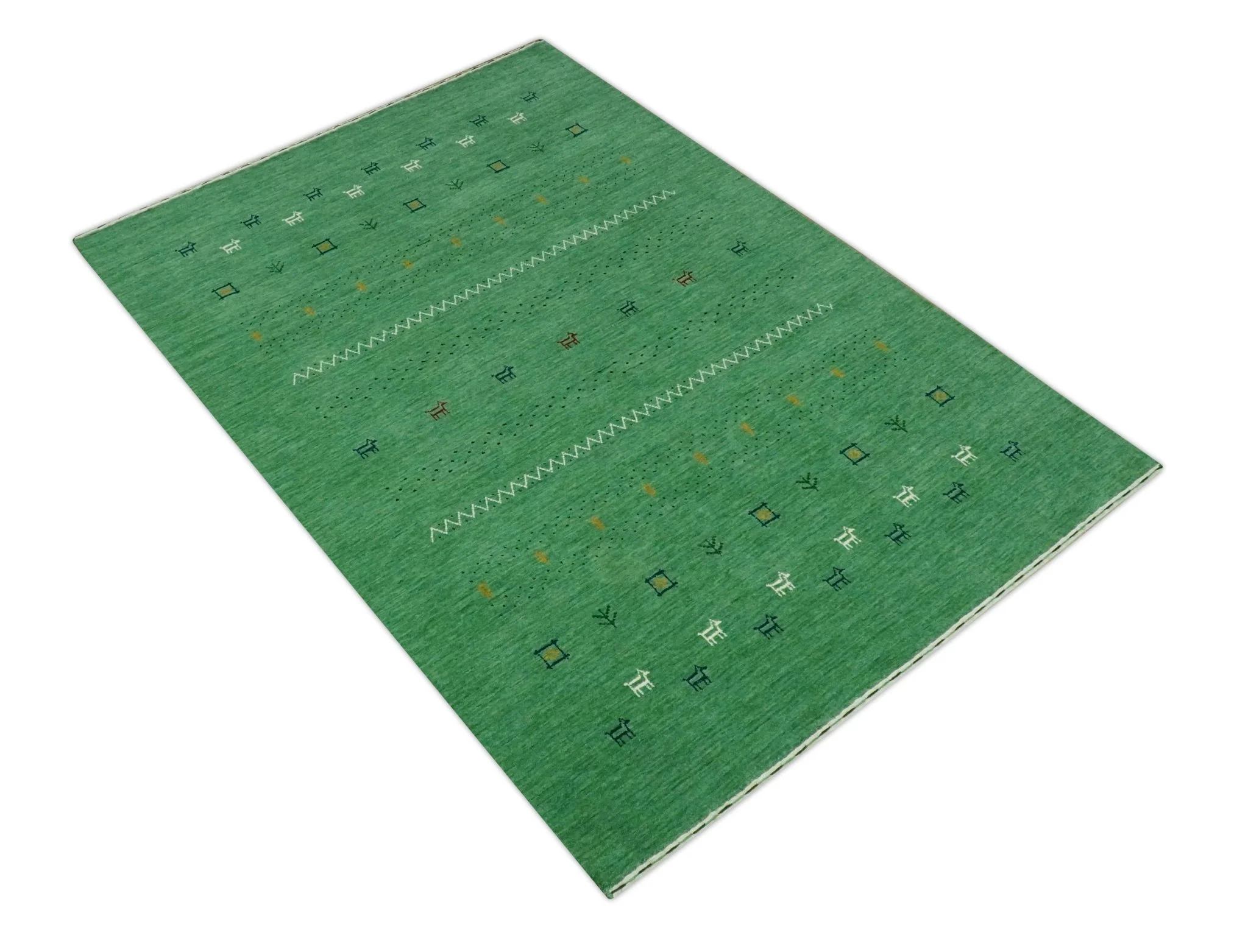 Tribal Design Green Traditional Hand loom 4.6x7 Wool Area Rug - Image 9