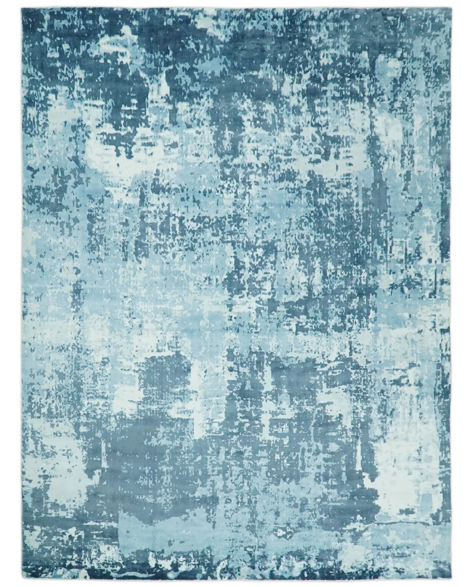 Handmade 8x10, 9x12 and 9.9x13.9 White and Blue Blended Wool and Bamboo Silk Area Rug - Image 6